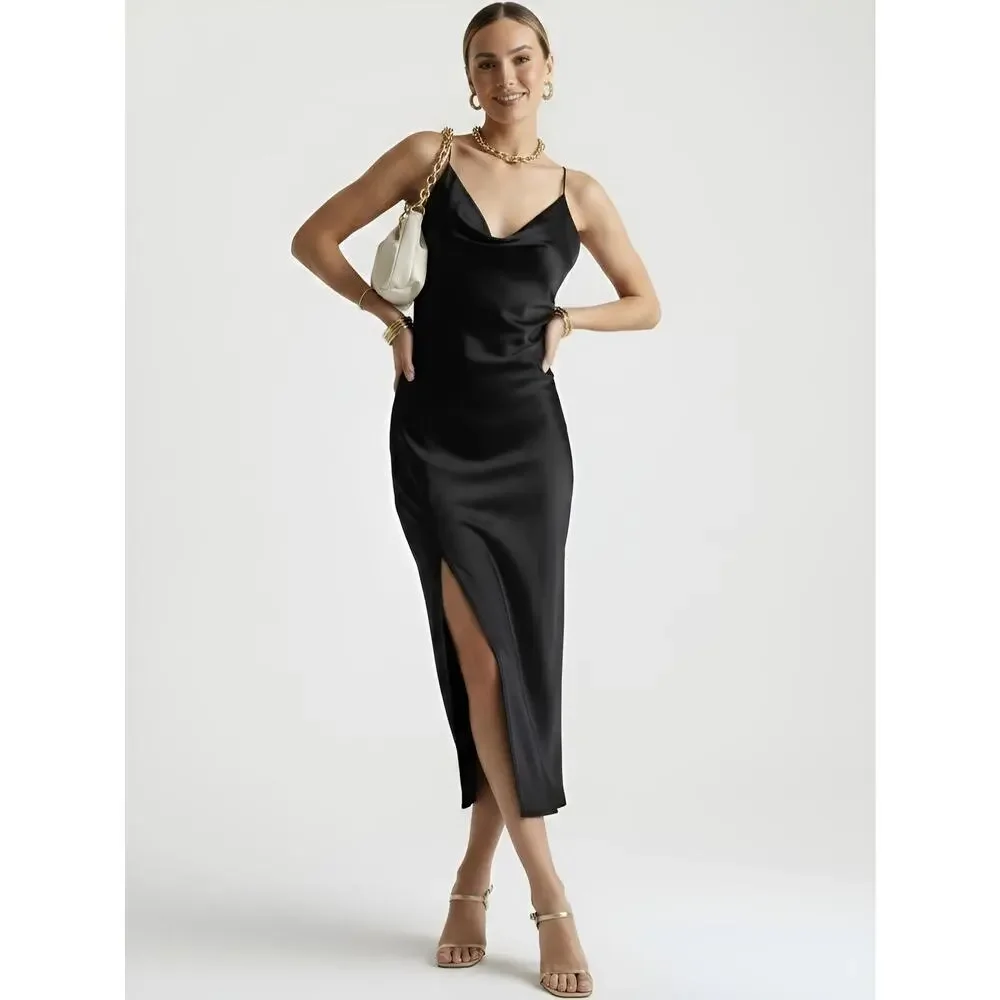 NWT Zara Ruched Side Satin Effect Midi Slip Dress Black XS